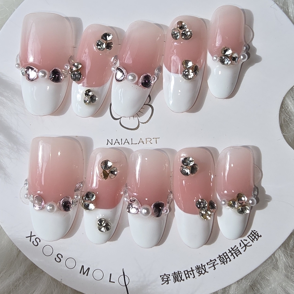 Handmade Pink and White Frenchie Nail Set